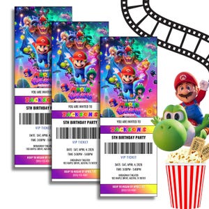 May include: Three Super Mario Galaxy themed birthday party invitations. Each invitation features Mario, Bowser, and other characters. The invitations include a VIP ticket section with event details. A popcorn bucket and movie tickets are also visible.