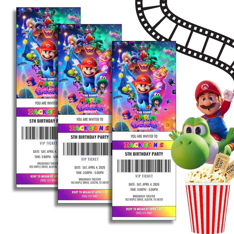 Pode incluir: Tr&ecirc;s convites para festas de anivers&aacute;rio com o tema Super Mario Galaxy. Cada convite apresenta Mario, Bowser e outros personagens. Os convites incluem uma se&ccedil;&atilde;o de bilhete VIP com detalhes do evento. Um balde de pipoca e ingressos de cinema tamb&eacute;m s&atilde;o vis&iacute;veis.