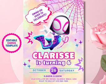 Editable Ghost Spider Birthday Invitation, Spidey Stacy Invitation, Gwen Stacy Birthday Themed Party, Printable Kids Invite, Amazing Friends