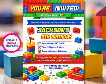 Editable Building Blocks Birthday Invitation, Building Blocks Kids Invitation, Colorful Blocks Themed Party, Printable Kids Invite, Digital