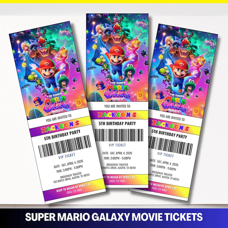 Pode incluir: Tr&ecirc;s bilhetes de cinema Super Mario Galaxy. Cada bilhete apresenta Mario, Luigi e outros personagens do filme. Os bilhetes s&atilde;o para a festa de 5 anos de Jackson, com data, hora e local impressos.