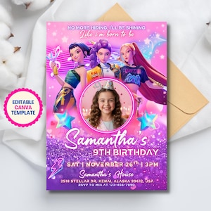 May include: A pink and purple birthday invitation with the text "Samantha's 9th Birthday." The invitation features cartoon characters and a photo of a girl. The text "No More Hiding, I'll Be Shining" is at the top.