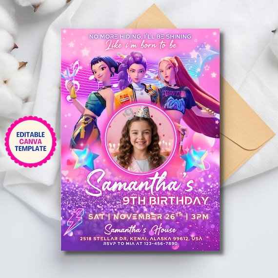 Editable Kpop Demon Hunters Birthday Invitation, Demon Hunters Invitation, Huntrix K-pop Demon Hunters Themed Party, Printable Kids Invite