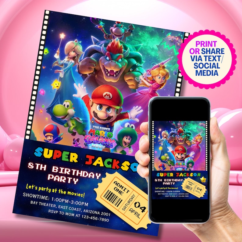 Invitación de cumpleaños editable con diseño de boleto de película de Mario Galaxy, invitación para fiesta de Super Mario Galaxy, boleto de la película Mario Galaxy 2026, invitación imprimible imagen 2
