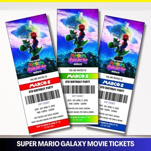 Puede incluir: Tres entradas de cine Super Mario Galaxy con un dise&ntilde;o vibrante. Cada entrada muestra a Mario y Yoshi frente a un fondo espacial. Las entradas son para la fiesta de 8 cumplea&ntilde;os de Marco, con detalles del evento y un c&oacute;digo de barras.