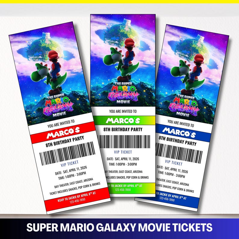 Puede incluir: Tres entradas de cine Super Mario Galaxy con un dise&ntilde;o vibrante. Cada entrada muestra a Mario y Yoshi frente a un fondo espacial. Las entradas son para la fiesta de 8 cumplea&ntilde;os de Marco, con detalles del evento y un c&oacute;digo de barras.