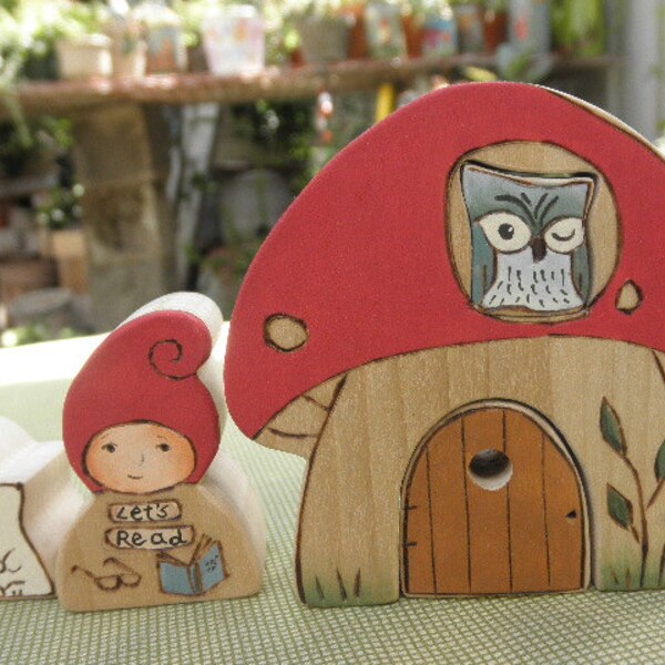 Ready to Ship. OK to purchase. Wood Play Set-Fly Agaric Mushroom Habitat-Story Door- Gnome Storyteller-Rabbit- Waldorf Inspired