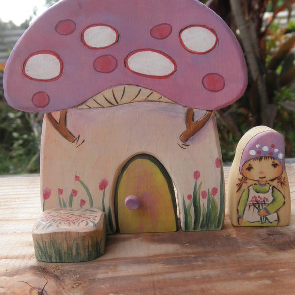 PRÊT À EXPÉDIER.  Ok à acheter. Wood Toy LavenderTop Mushroom Play Set-Lil Gnome-Story Door