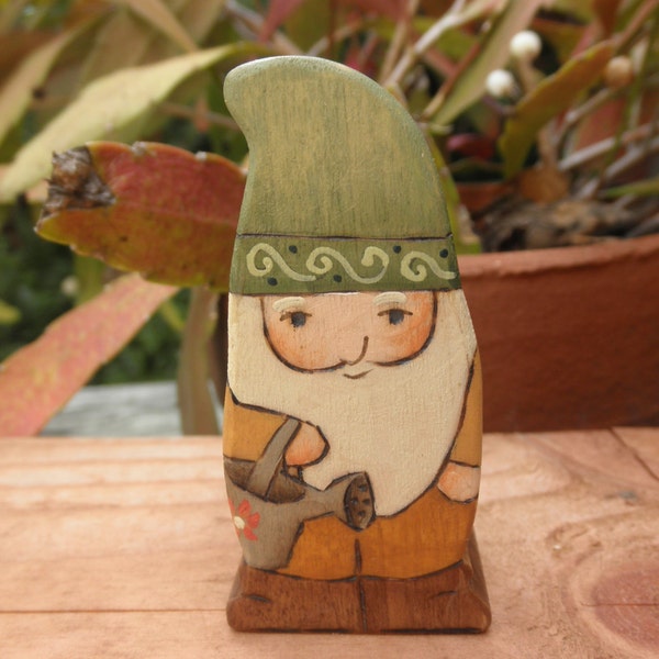 Wood Toy Gnome Figure-Gardener-Watering Can-Pretend Play-Waldorf Inspired