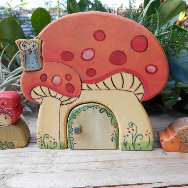 Jeu Ensemble Wood Mushroom Habitat-Ms Gnome-Hedgie-Owl-Home Décor Waldorf Inspiré