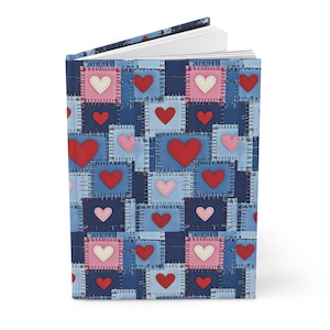 Patchwork Heart Pattern Hardcover Journal | Quilted Hearts Notebook, Blue Pink Red