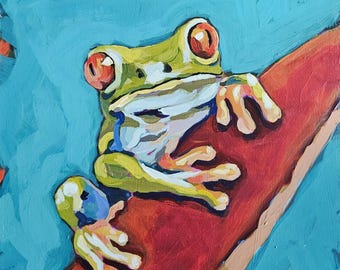 Pintura acrílica original de rana arbórea - Arte de vida silvestre de la selva tropical 10x10