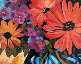 Bloemenschilderij 8x10, origineel acrylverfschilderij met bloemen, kleurrijke tuinbloemen, cottagecore wanddecoratie van Jacki Williamson