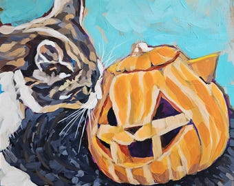 Gato curioso y Jacko Lantern, pintura acrílica original de 11,5 x 13 pulgadas