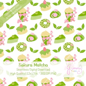 Könnte beinhalten: Ein nahtloser digitaler Download mit einem Muster aus Matcha-Desserts und rosa Kirschblüten auf weißem Hintergrund. Das Design umfasst Kuchen, Donuts und Rollkuchen mit grünen und rosa Akzenten. Der Text "Sakura Matcha" ist enthalten.