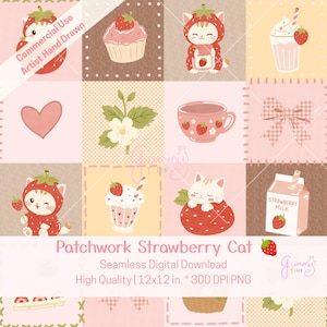 May include: A digital patchwork pattern featuring illustrations of cats in strawberry costumes, strawberry cupcakes, milkshakes, tea cups, bows, and strawberry milk cartons. The design includes text reading Patchwork Strawberry Cat, Commercial Use Artist Hand Drawn, and Gummy Tales.