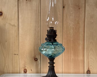 Antique Aqua Glass Kerosene Lamp with Chimney, Ceramic Base, c. 1885–1900