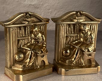 Vintage Monk Library Bookends, Brass Tone Metal, Scholar Reader Figural, PM Craftsman