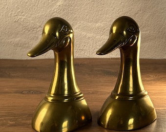 Vintage Brass Duck Head Bookends | Mid Century Style Pair, Heavy Brass Decor