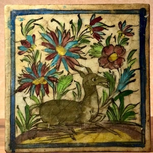 Hand Painted Deer Tile, Persian Qajar Style, Vintage Wall Decor, Floral Ceramic Art