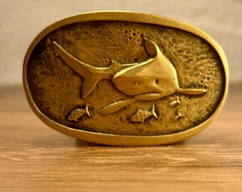 Vintage James Breakell Shark Belt Buckle Solid Brass Nautical Signed 1970s