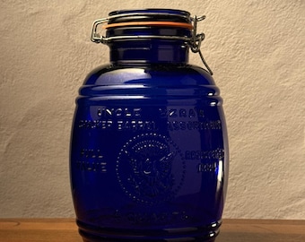 Vintage Cobalt Blue Uncle Ezra Cracker Barrel Cookie Jar, 1966 Italian Glass Jar
