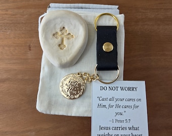Hand-Cast Cross Worry Stone Gift Set – Faith Keepsake, Christian Keychain