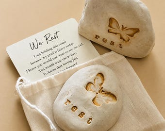 Handmade Sympathy Gift for Loss of Loved One, Memorial Gift Set with Two Handmade Stones and Reflection Card