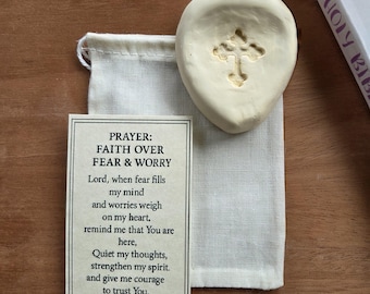 Handmade Christian Cross Worry Stone, Faith Over Fear Prayer Stone, Comfort Gift Bag