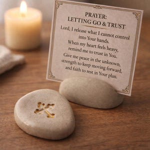 May include: A lit candle and a card holder with a prayer printed on it. The card holder is holding a card that says "PRAYER: LETTING GO & TRUST". Two smooth, light-colored stones are in the foreground. The text "When life feels heavy, hold on." is at the bottom.