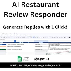 May include: A digital interface for an AI Restaurant Review Responder tool displayed within a spreadsheet. The text reads AI Restaurant Review Responder, Generate Replies with 1 Click!, and lists platforms including Yelp, DoorDash, UberEats, Google Review, and Grubhub. Logos for Google Sheets and OpenAI are visible.