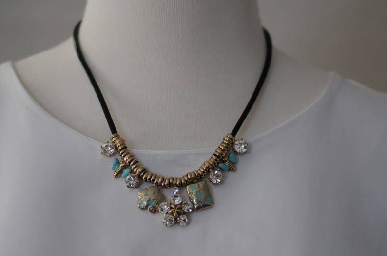 Everyday use Enamel and crystal Necklace Gift for her SALE Bib Necklace Turquoise color spacers clear crystal necklace short necklace