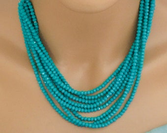 FREE shipping,layered Turquoise color Crystal Necklace,Multi-strand Necklace,Gift for her,Short necklace,Everyday use,same day shipping