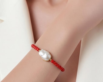 Red Crystal Stretch Bracelet, Pearl Accent, Gift, Free Shipping