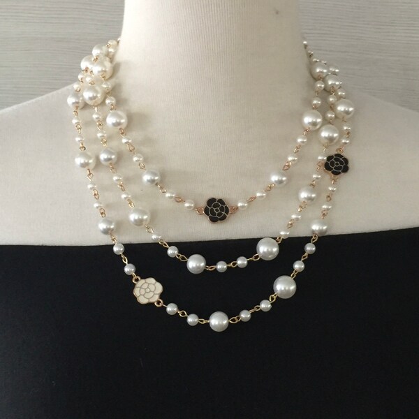 FREE shipping,Camellia necklace,black white flowers,Linked Pearl necklace,Layered necklace,gift for her,everyday use,ship now