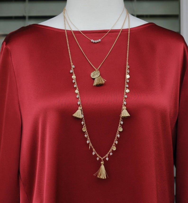 Charm Necklace coin necklace SALE Gift for her Layered Tassel Necklace Crystal Necklace Layered Gold color Necklace Holiday Gift