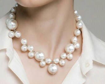 White Pearl Necklace, Silver Clasp, Elegant Modern Style, 17 Inch Length