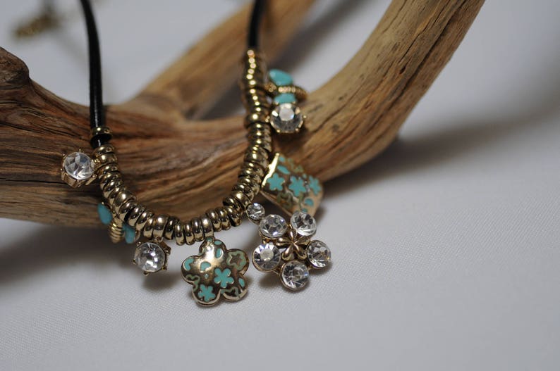 Everyday use Enamel and crystal Necklace Gift for her SALE Bib Necklace Turquoise color spacers clear crystal necklace short necklace