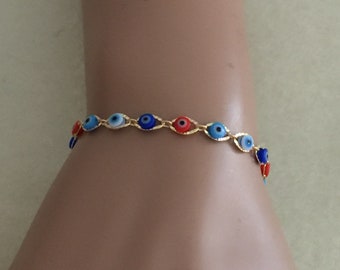 Evil Eye, Bracelet, Multicolor evil eye,Gift for her,Good Luck charm Bracelet,Everyday use,ship now,linked,nazar