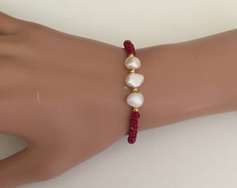 Red Crystal & Pearl Stretch Bracelet, Handmade, gift