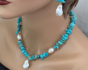 Turquoise Necklace set,earring,Gift for her,pearl necklace,short necklace,same day shipping, birthday gift