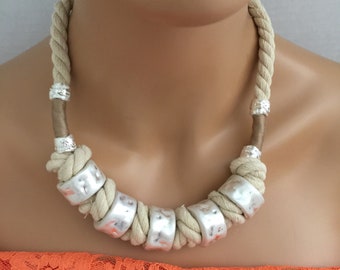 SALE,Bib Necklace,cotton sTring Necklace,Chunky Necklace,knotted beaded necklace,Gift for her,short necklace,everyday use, same day shipping