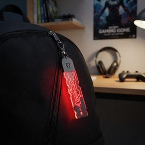 Puede incluir: Un llavero rectangular de acrílico rojo translúcido con un patrón de circuito impreso y el texto 'arosako'. El llavero está sujeto a la cremallera de una mochila negra mediante un mosquetón de metal plateado y emite un brillo rojo intenso.
