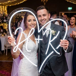 Custom Initials Heart LED Neon Sign, Last Name Light for Wedding Backdrop, Personalized Gift for Couple, Engagement Sign