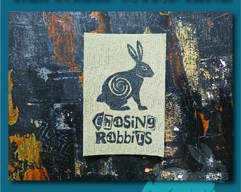 Handmade Screen Printed Patch, Sew On & Iron On, Chasing Rabbits Logo, Denim Jacket Patch, Cotton Patch