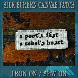 Handmade Screen Printed Patch, Sew On & Iron On, Poets Fist Rebels Heart, Denim Jacket Patch, Raw Edge Canvas Patch