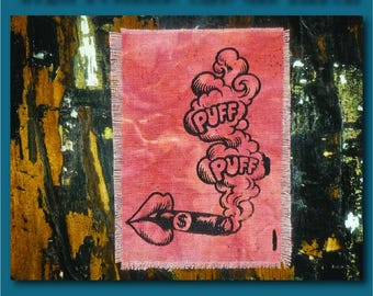 Handmade Screen Printed Patch, Sew On & Iron On, Puff Puff Tank Girl, Denim Jacket Patch, Raw Edge Canvas Patch
