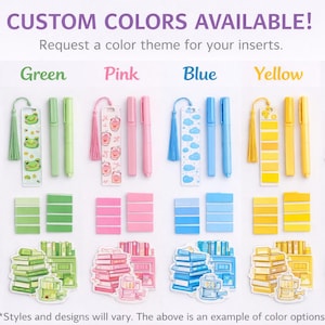 Pu&ograve; includere: Una collezione di cancelleria in viola, verde, rosa, blu, giallo e nero. Ogni set include un segnalibro con nappa, due penne, foglietti adesivi e adesivi a tema libro. Testo: CUSTOM COLORS AVAILABLE! Request a color theme for your inserts. *Styles and designs will vary. The above is an example of color options.