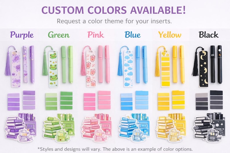 Pu&ograve; includere: Una collezione di cancelleria in viola, verde, rosa, blu, giallo e nero. Ogni set include un segnalibro con nappa, due penne, foglietti adesivi e adesivi a tema libro. Testo: CUSTOM COLORS AVAILABLE! Request a color theme for your inserts. *Styles and designs will vary. The above is an example of color options.