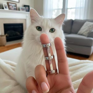 May include: A silver finger splint is worn on a finger. The splint has a three-bar design. A fluffy white cat with green eyes is in the background.